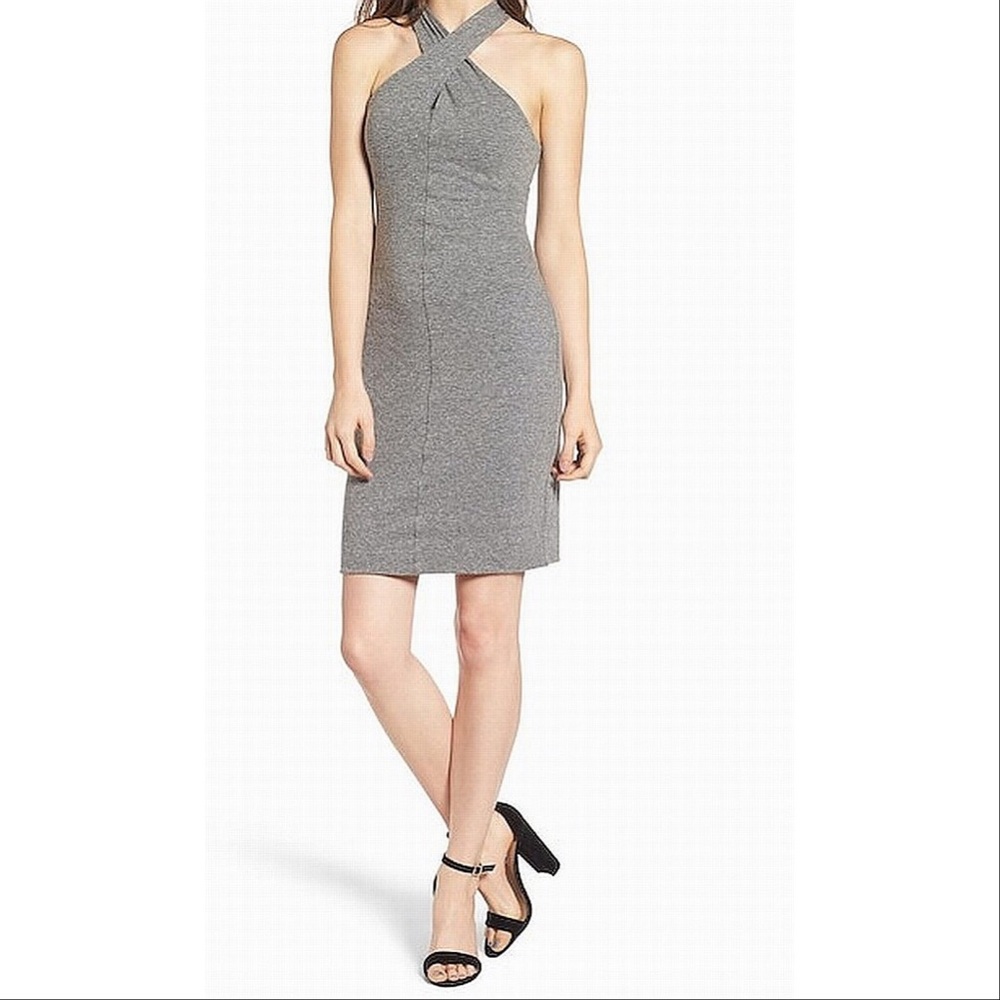 Pam & Gela Cross Front Halter Sheath Dress Size XS Heather Gray
